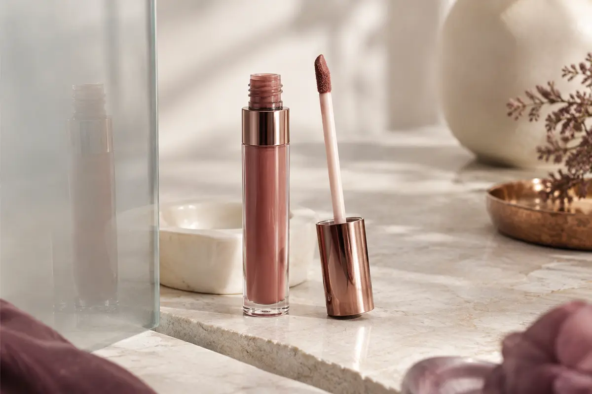 Rouge à lèvres liquide mat en tube avec applicateur flèche, posé sur une pierre claire près d’une céramique ivoire.