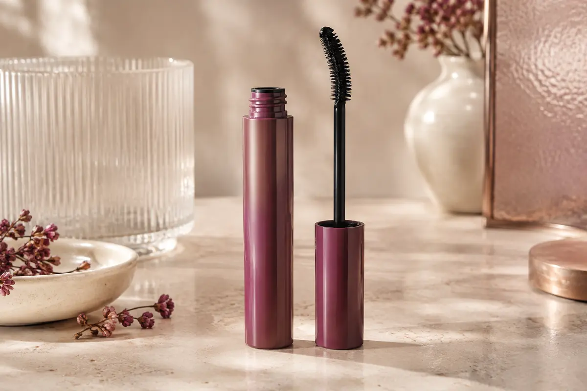 Mascara liquide et brosse flexible incurvée posés sur une pierre claire dans un décor ivoire
