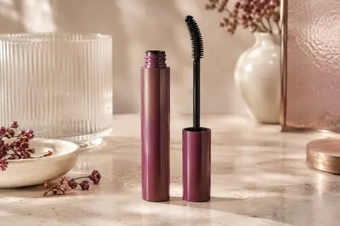 Mascara liquide et brosse flexible incurvée posés sur une pierre claire dans un décor ivoire