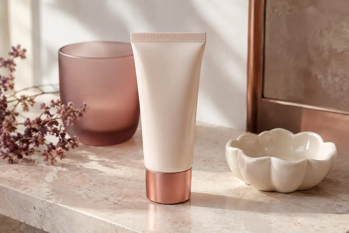 Crème solaire visage SPF 50 présentée sur une pierre claire dans un décor lumineux et épuré