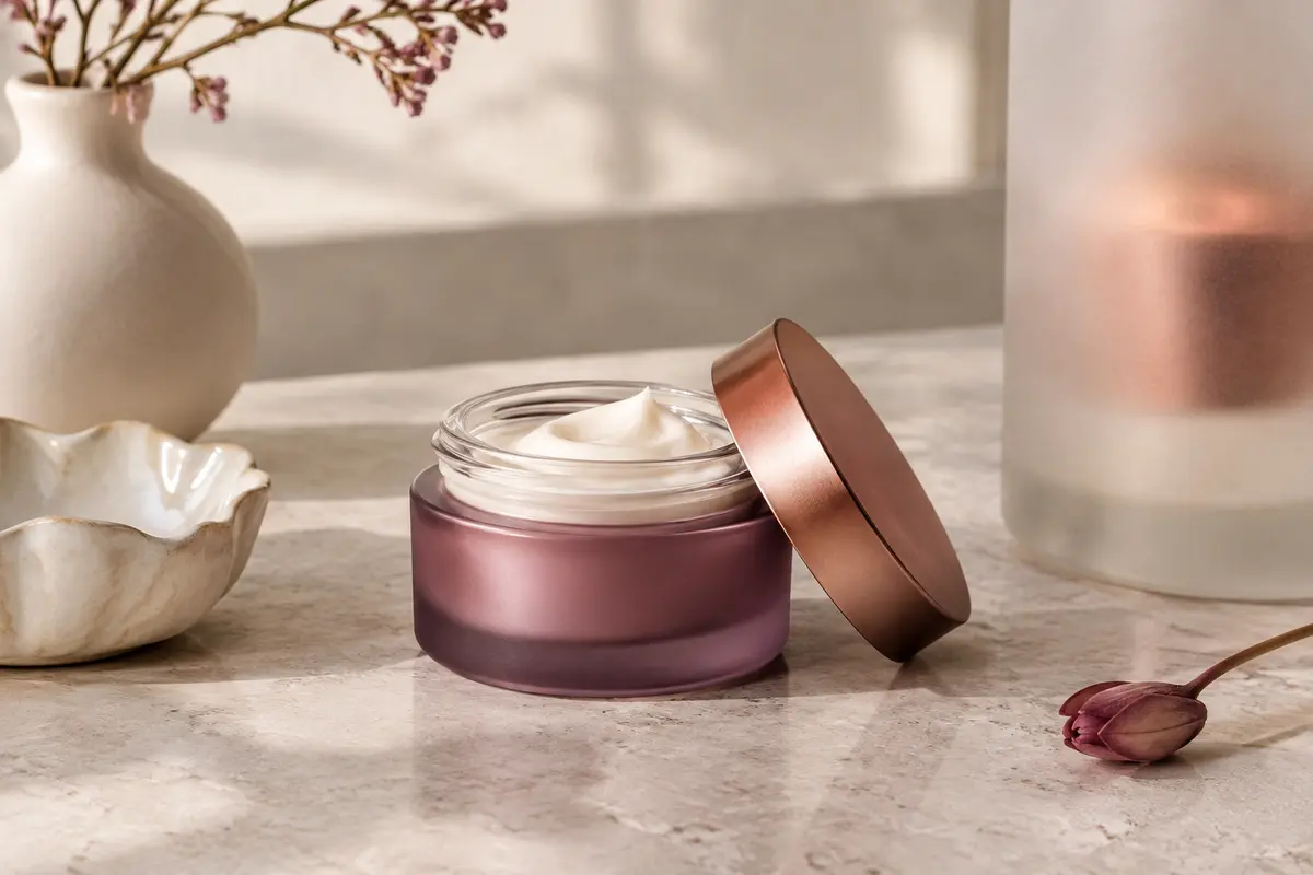 Crème visage hydratante présentée sur une surface en pierre claire avec une touche de crème sur céramique ivoire.
