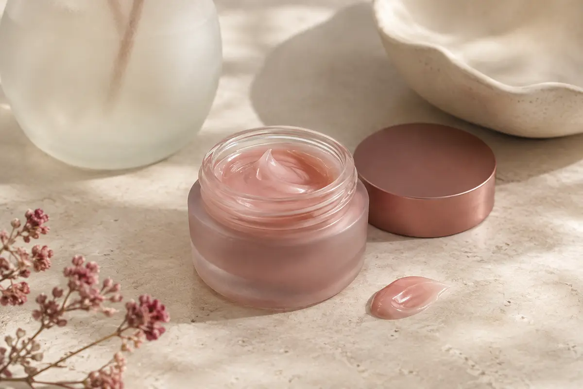 Crème visage en gelée présentée avec une coupelle ivoire sur une surface de pierre claire