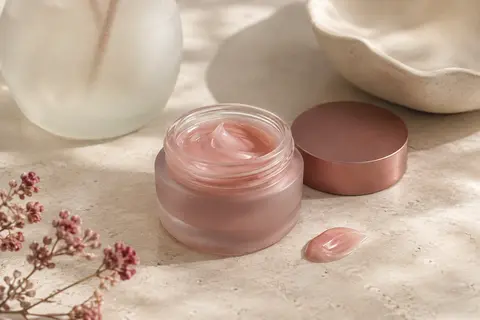 Crème visage en gelée présentée avec une coupelle ivoire sur une surface de pierre claire