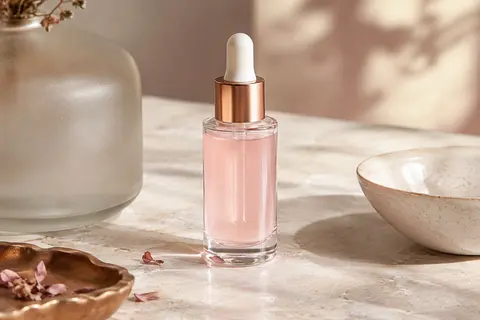 Flacon de sérum au PDRN avec une goutte rose, posé sur une pierre claire près d’un verre dépoli.
