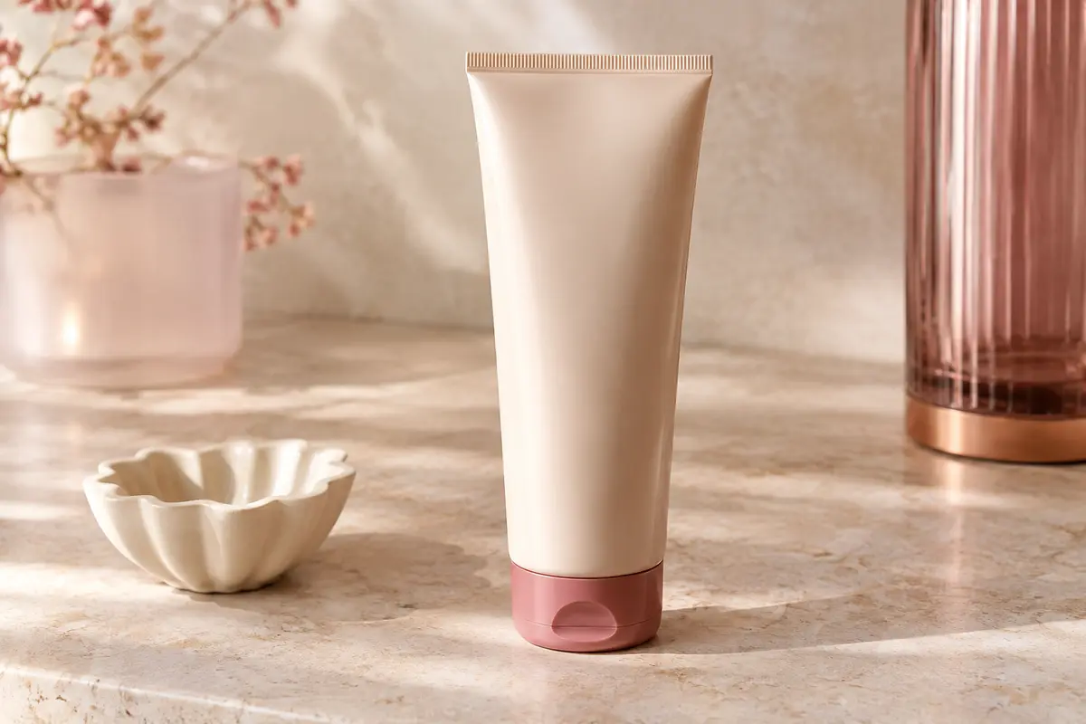 Tube de crème douche surgras au beurre de karité posé sur une surface en pierre claire