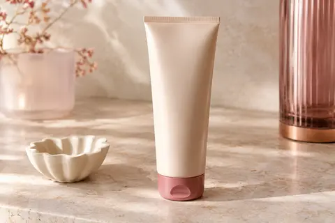 Tube de crème douche surgras au beurre de karité posé sur une surface en pierre claire