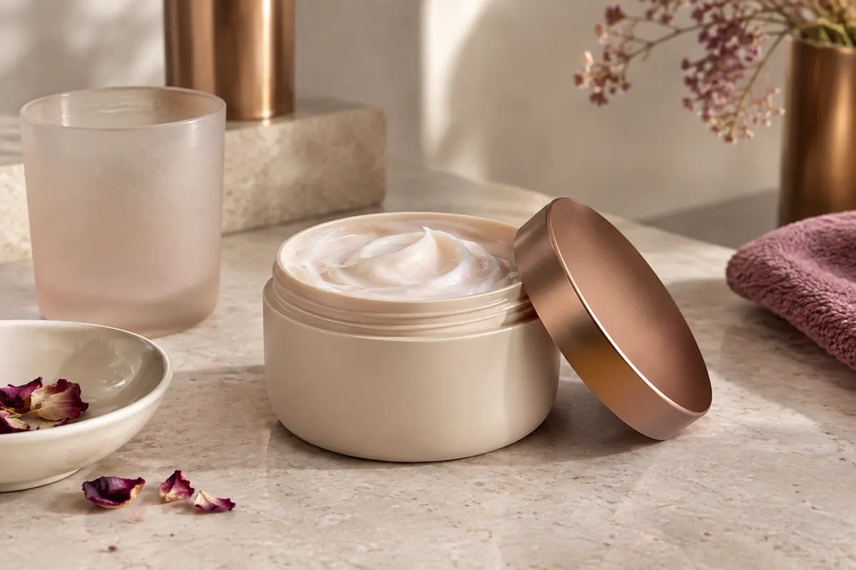 Masque capillaire réparateur présenté avec un peigne dans un décor clair de pierre et de céramique