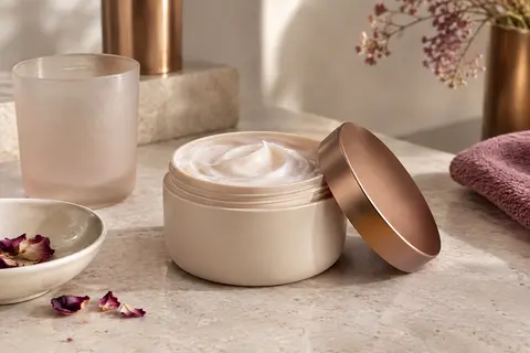 Masque capillaire réparateur présenté avec un peigne dans un décor clair de pierre et de céramique