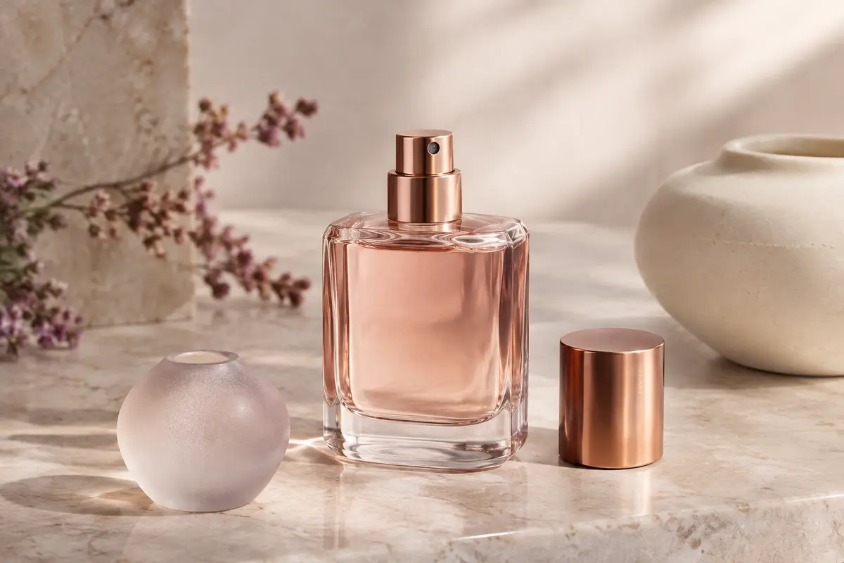 Flacon violet facetté de l’eau de parfum Mugler Alien posé sur une pierre claire.