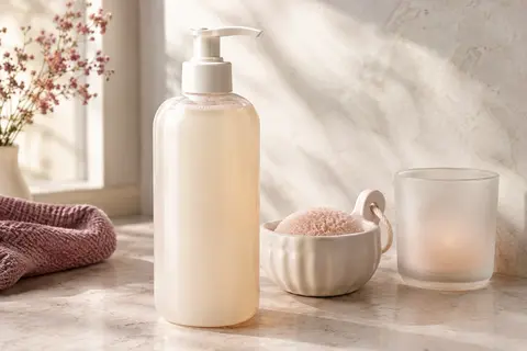 Flacon pompe de gel lavant doux posé sur une surface en pierre claire dans un décor de bain épuré.
