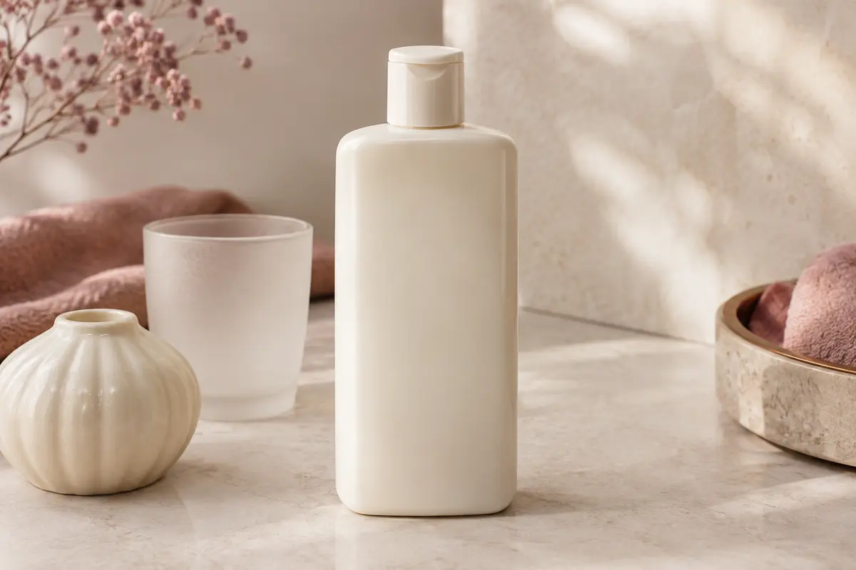 Quatre flacons ivoire de gel douche crème sur une surface en pierre claire, avec des accessoires en céramique.