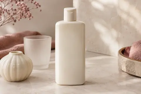Quatre flacons ivoire de gel douche crème sur une surface en pierre claire, avec des accessoires en céramique.