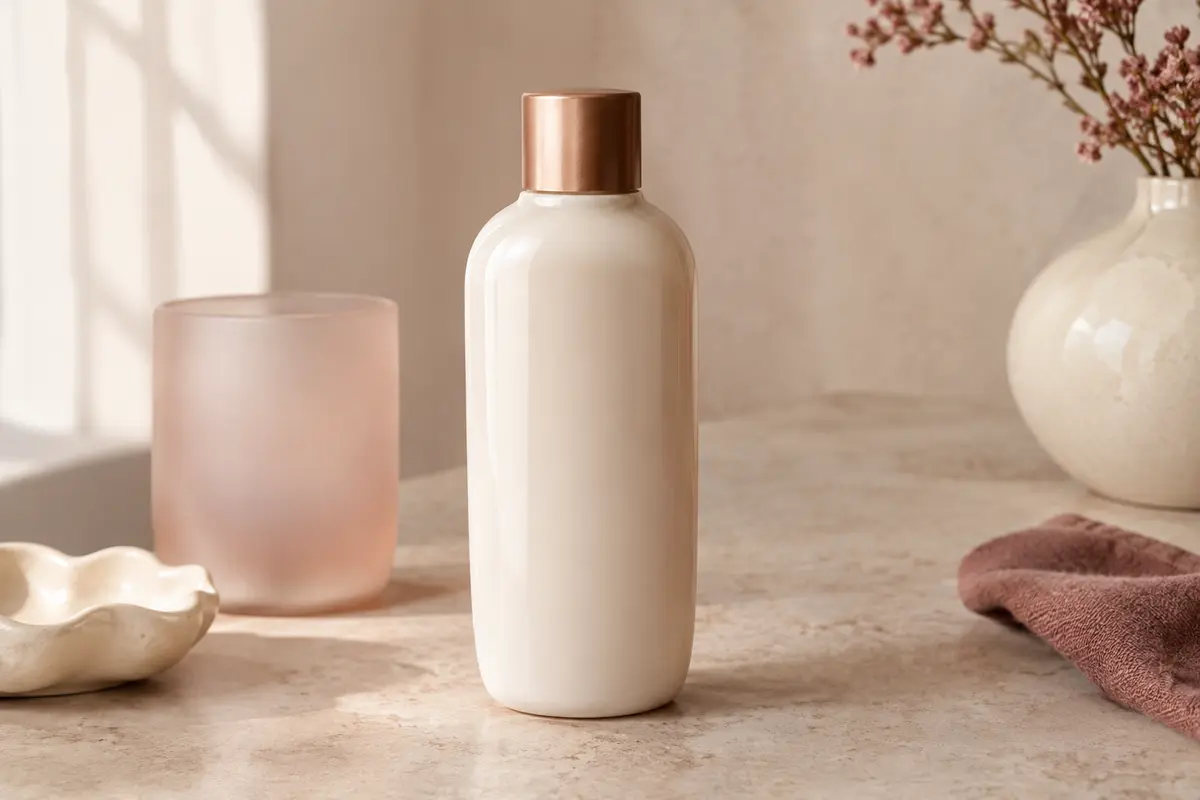 Lait corps crémeux en bouteille posé sur une pierre claire, accompagné d’une touche de crème et de céramique ivoire.