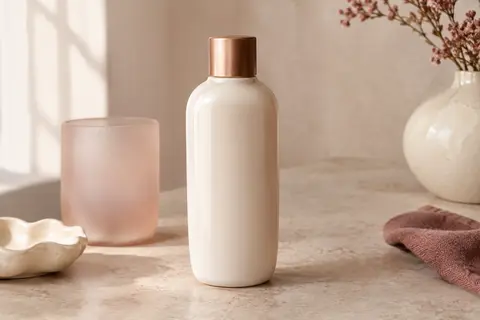 Lait corps crémeux en bouteille posé sur une pierre claire, accompagné d’une touche de crème et de céramique ivoire.