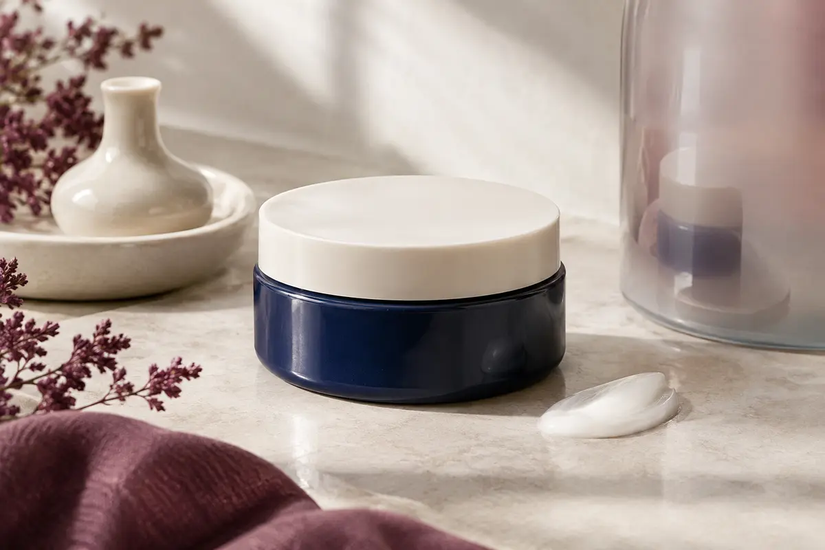 Pot ouvert de crème multi-usage posé sur une pierre claire avec une céramique ivoire et du verre dépoli.