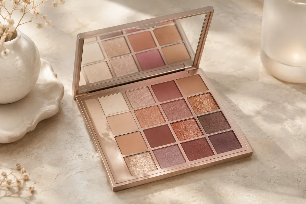 Palette ouverte de 16 fards à paupières aux teintes chaudes et aux finis mats, satinés, pailletés et métalliques