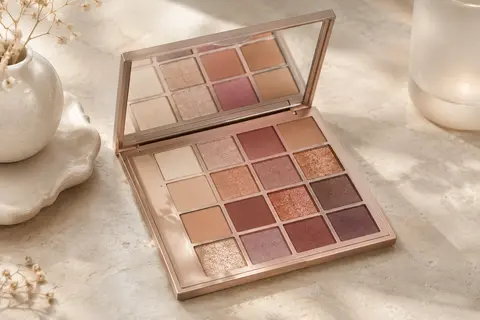 Palette ouverte de 16 fards à paupières aux teintes chaudes et aux finis mats, satinés, pailletés et métalliques