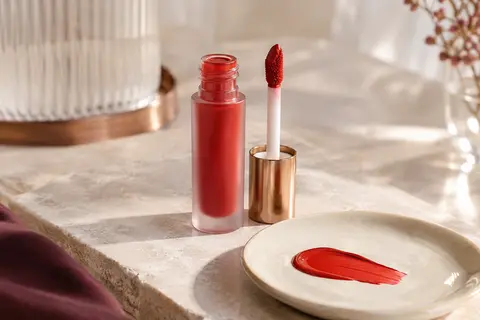 Rouge à lèvres crème liquide rouge coquelicot et pinceau applicateur sur une pierre claire