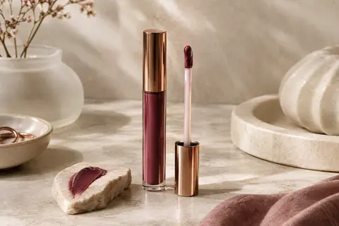 Tube de rouge à lèvres liquide mat et applicateur posés sur une pierre claire près d’un verre dépoli.