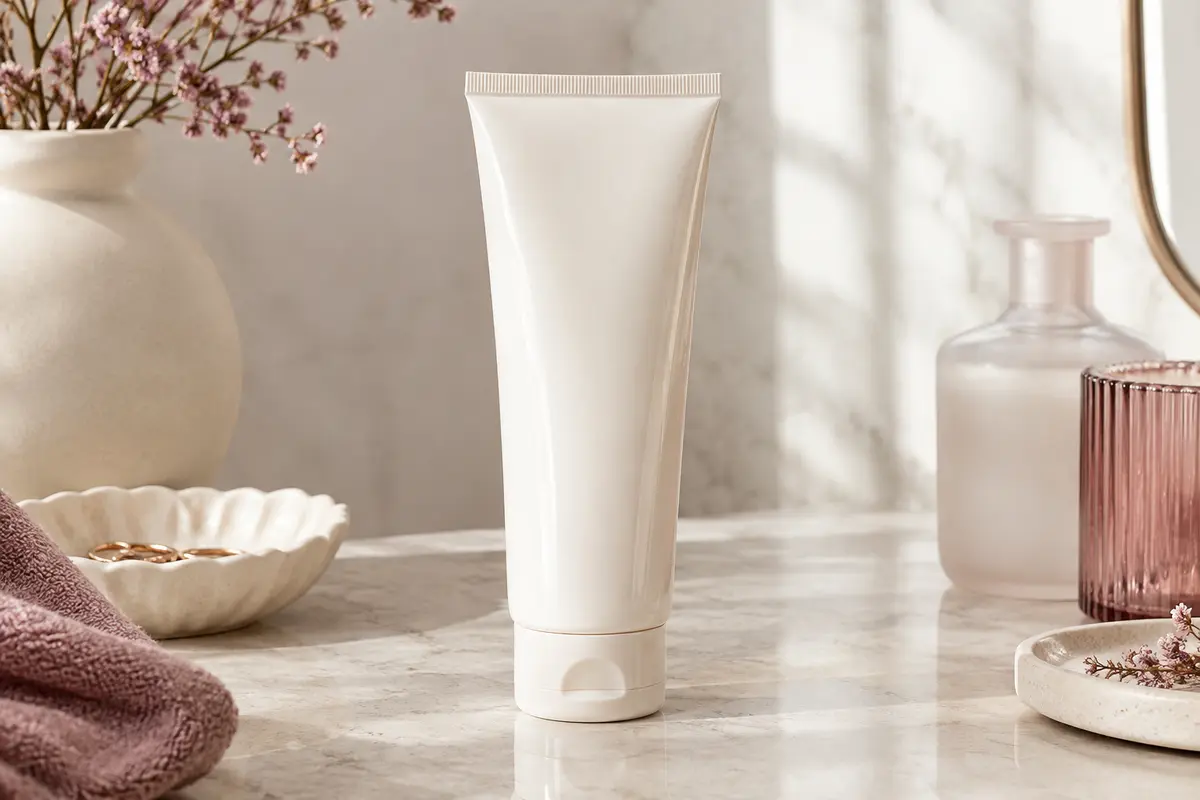 Flacon d’après-shampooing à la kératine mis en scène sur une surface claire avec une noix de coco