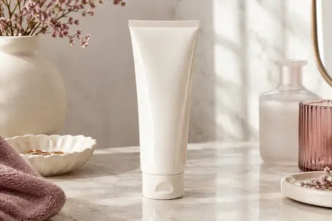 Flacon d’après-shampooing à la kératine mis en scène sur une surface claire avec une noix de coco
