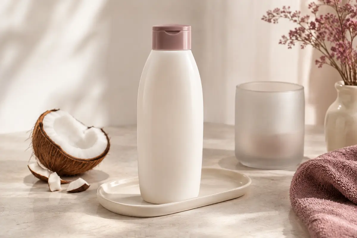 Flacon d’après-shampoing au lait de coco posé sur une pierre claire près d’un verre dépoli et d’une céramique ivoire.
