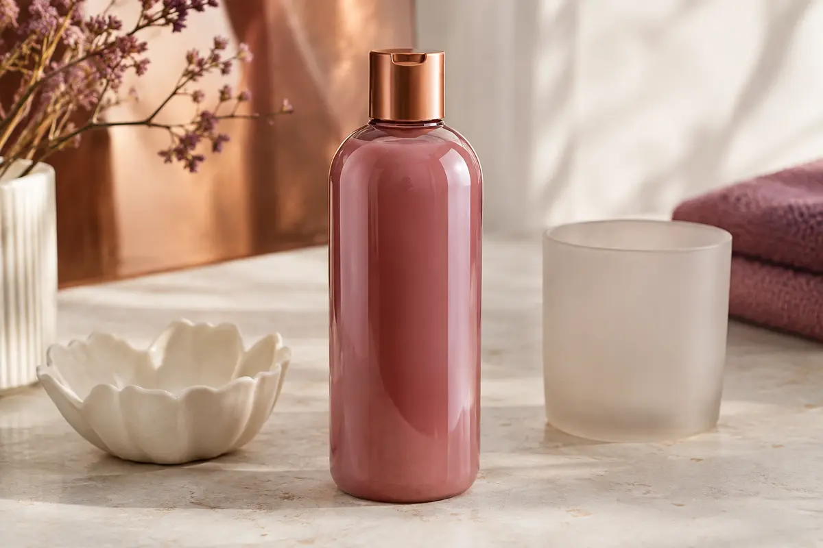 Bouteille de shampooing lissant OGX Brazilian Keratin Therapy sur une surface claire dans un décor de soin capillaire