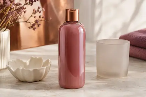 Bouteille de shampooing lissant OGX Brazilian Keratin Therapy sur une surface claire dans un décor de soin capillaire