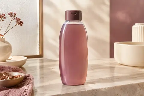 Flacon de shampooing nourrissant au lait de coco posé sur une pierre claire avec une noix de coco et une pêche blanche
