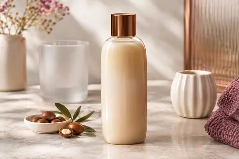 Flacon de shampooing à l’huile d’argan posé sur une pierre claire, près d’un verre dépoli