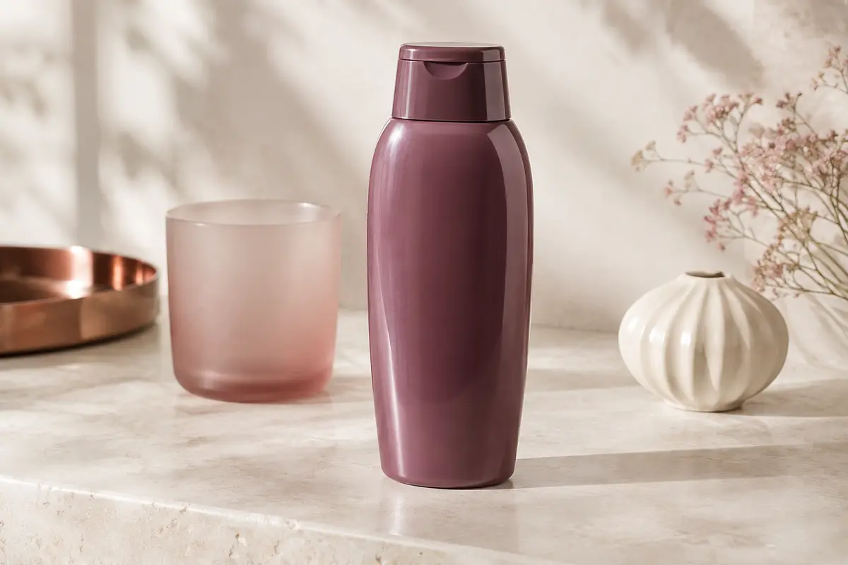 Flacon de shampooing volumateur posé sur une pierre claire, avec du verre dépoli et de la céramique ivoire.