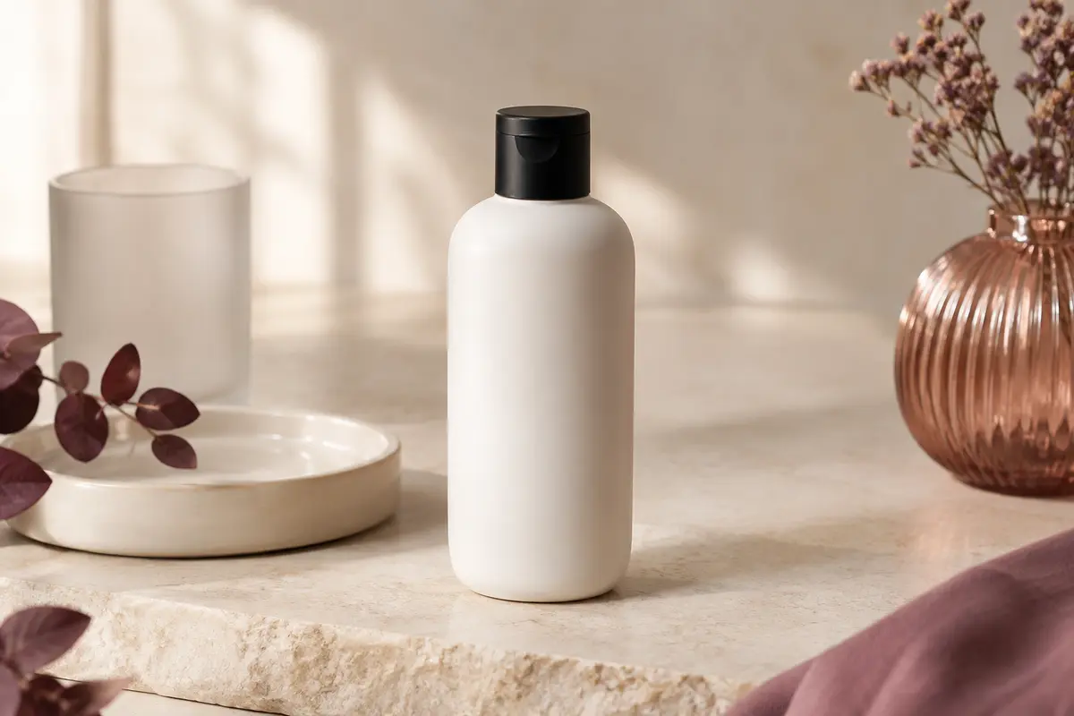 Flacon blanc d’après-shampoing posé sur une pierre claire, avec un accessoire en verre dépoli et une coupelle ivoire.