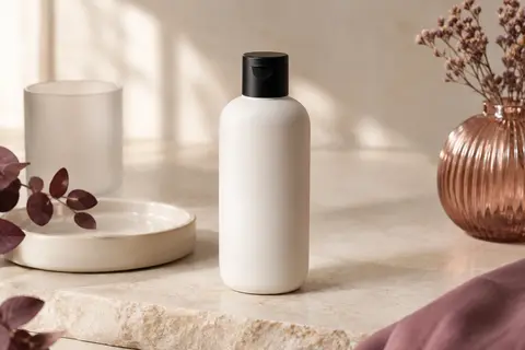 Flacon blanc d’après-shampoing posé sur une pierre claire, avec un accessoire en verre dépoli et une coupelle ivoire.