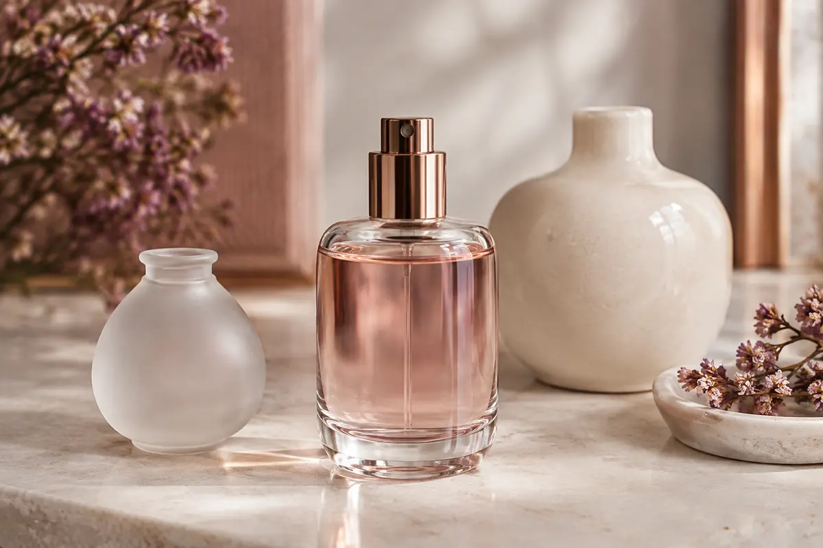 Flacon vaporisateur d’eau de toilette masculine posé sur une pierre claire, près de verre dépoli et de céramique ivoire