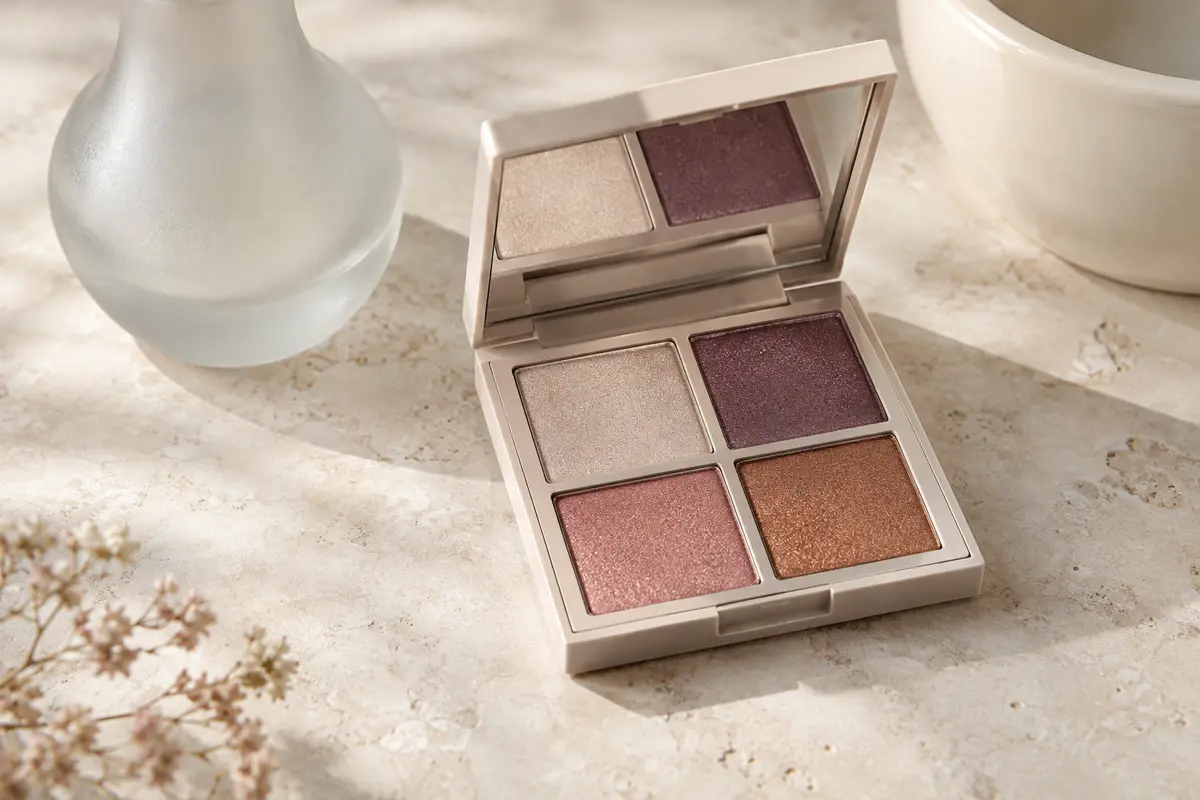 Palette de fards à paupières ouverte avec quatre poudres satinées, posée sur une surface claire.