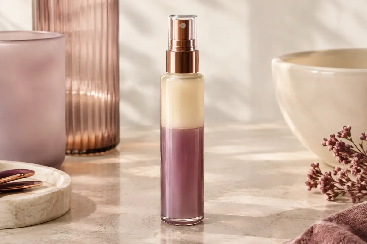 Flacon spray de soin démêlant biphasé posé sur une pierre claire dans un décor de beauté épuré.