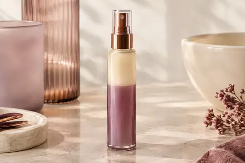 Flacon spray de soin démêlant biphasé posé sur une pierre claire dans un décor de beauté épuré.