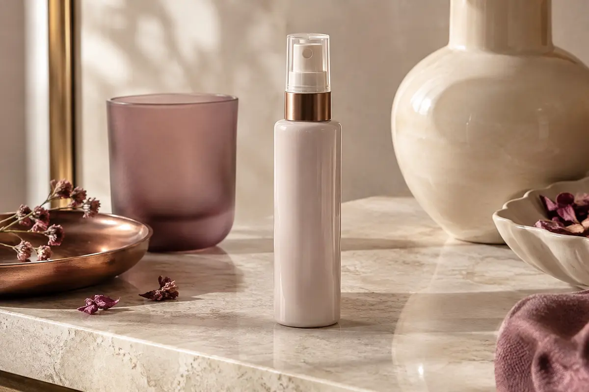 Flacon-spray de masque capillaire sans rinçage posé sur une pierre claire dans un décor de beauté épuré