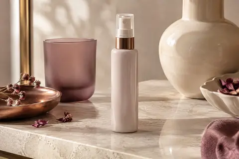 Flacon-spray de masque capillaire sans rinçage posé sur une pierre claire dans un décor de beauté épuré