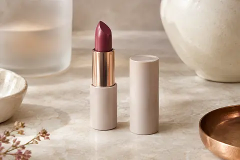 Rouge à lèvres crème ouvert dans une nuance chaude, posé sur une pierre claire près d’accessoires ivoire.