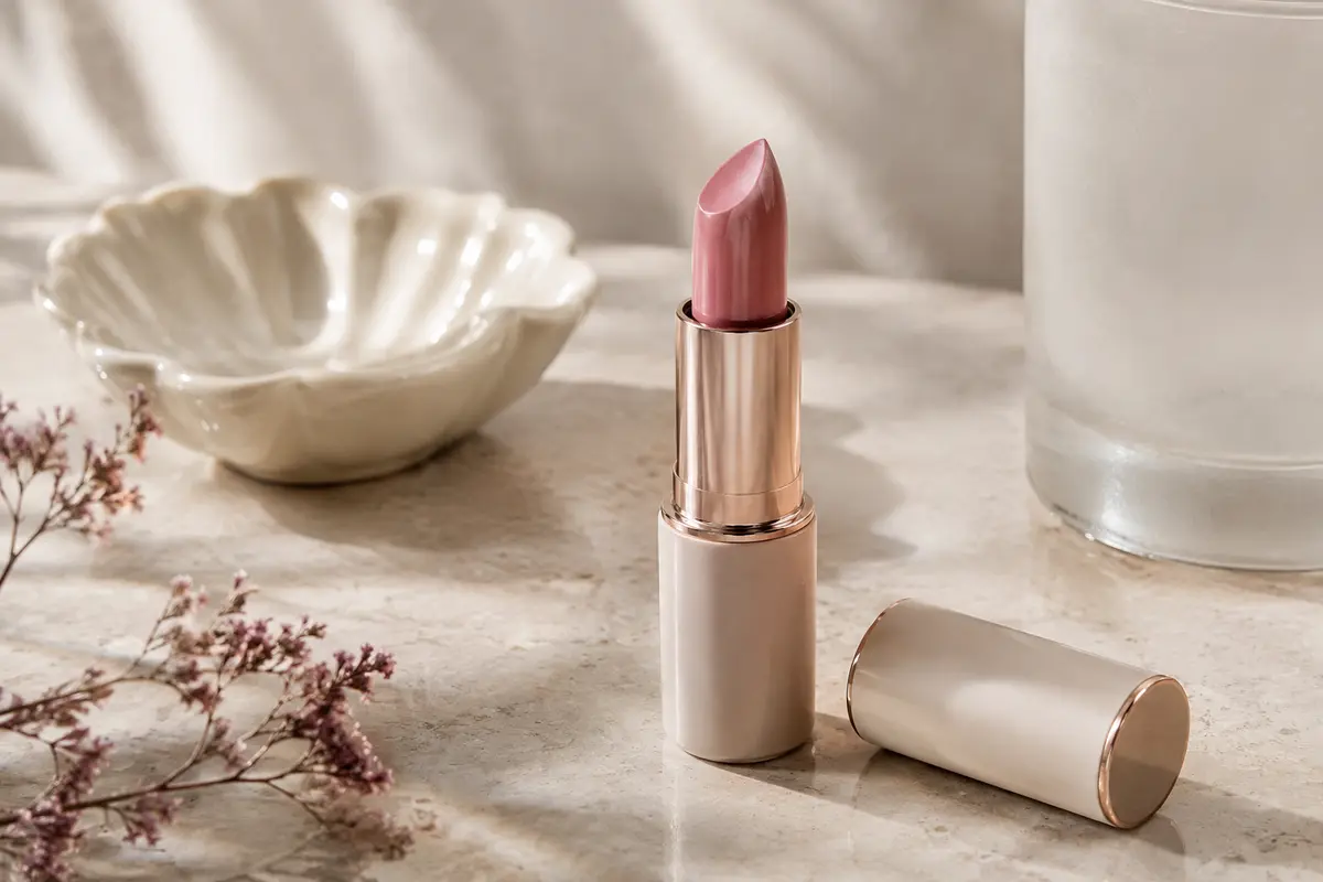 Rouge à lèvres crème rose froid présenté ouvert sur une surface en pierre claire, près d’un élément en verre dépoli.