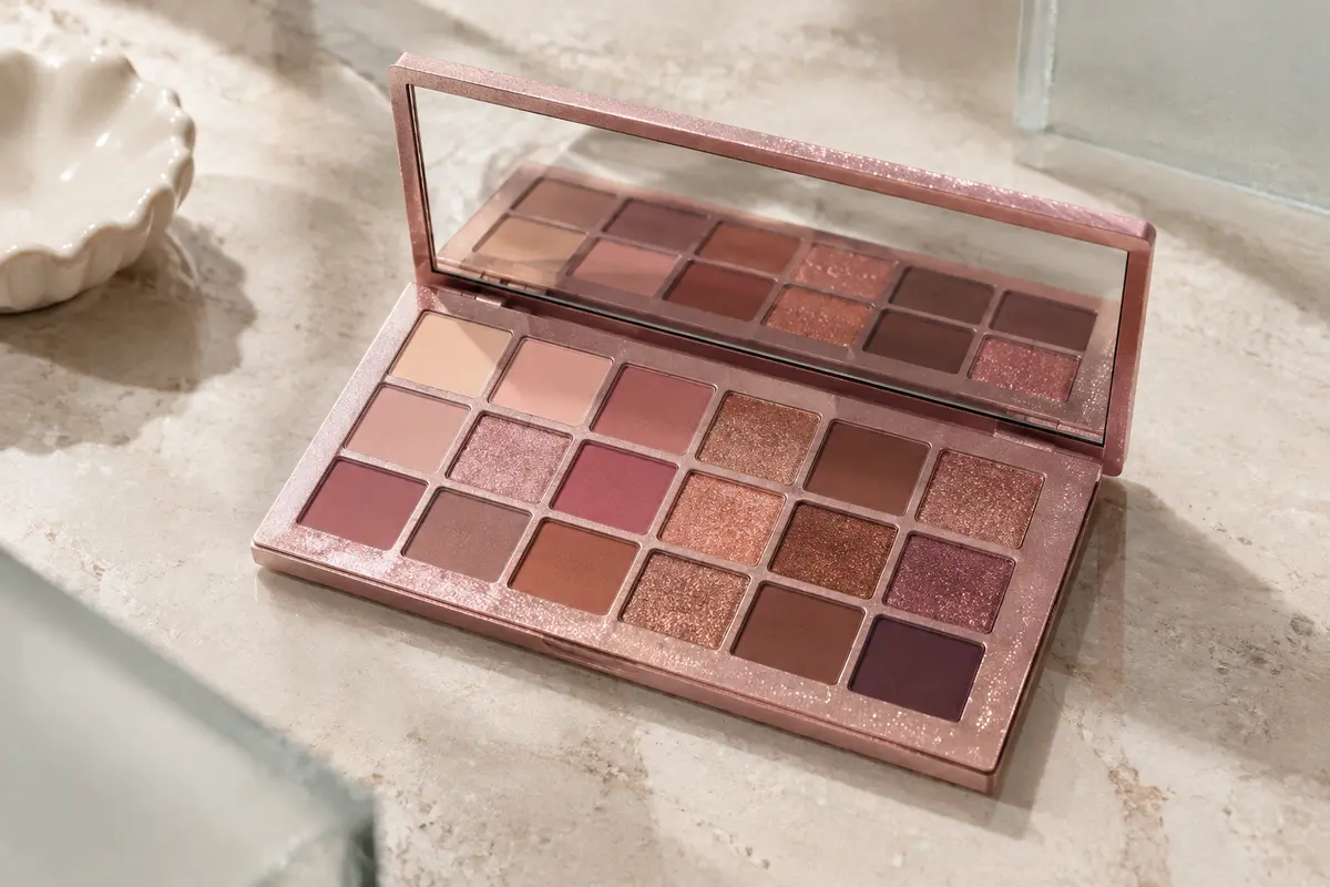 Palette de fards à paupières aux tons roses et chauds, ouverte sur ses 18 nuances et son miroir intégré.
