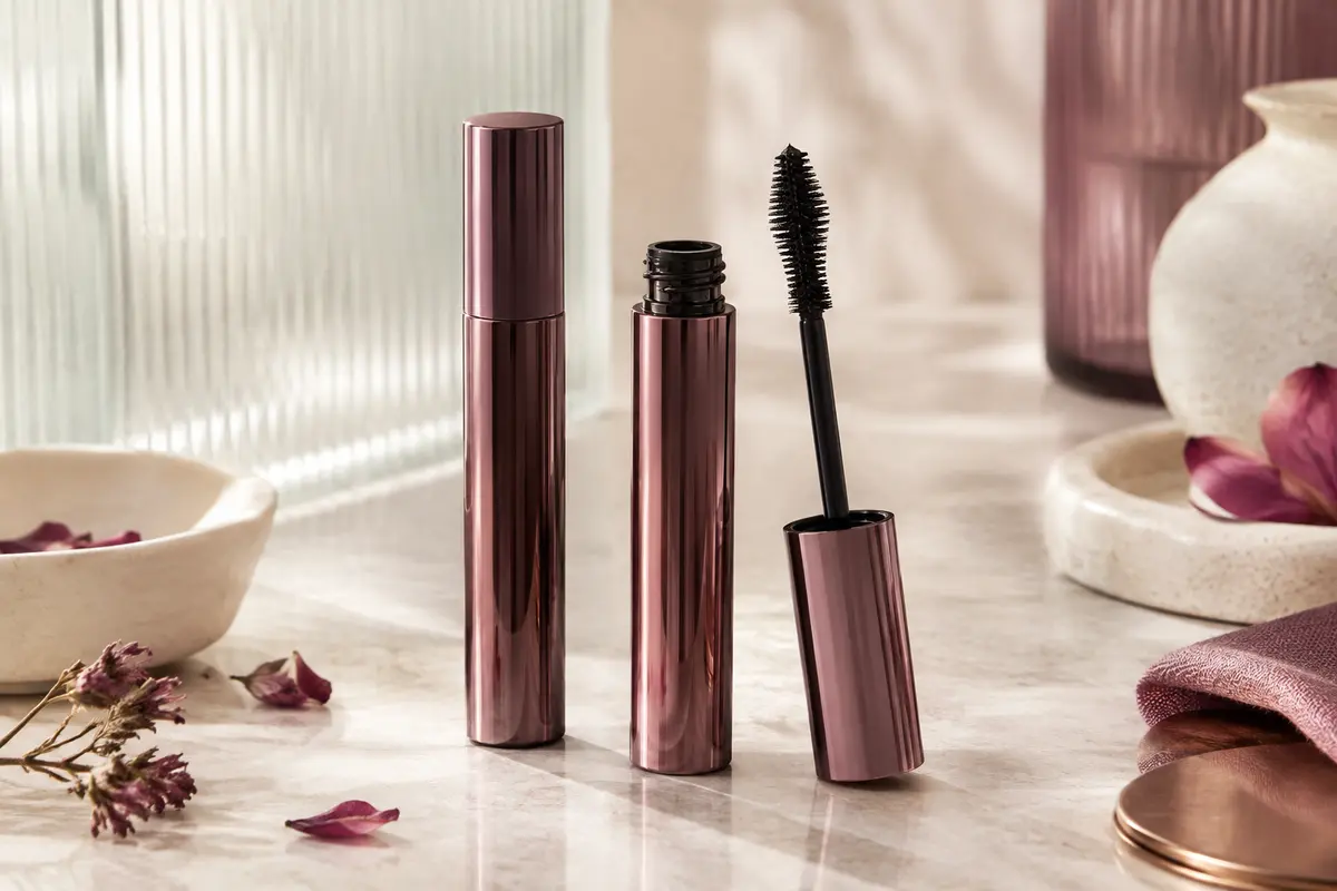 Tube de mascara noir et brosse 3D posés sur une pierre claire près d’une céramique ivoire.