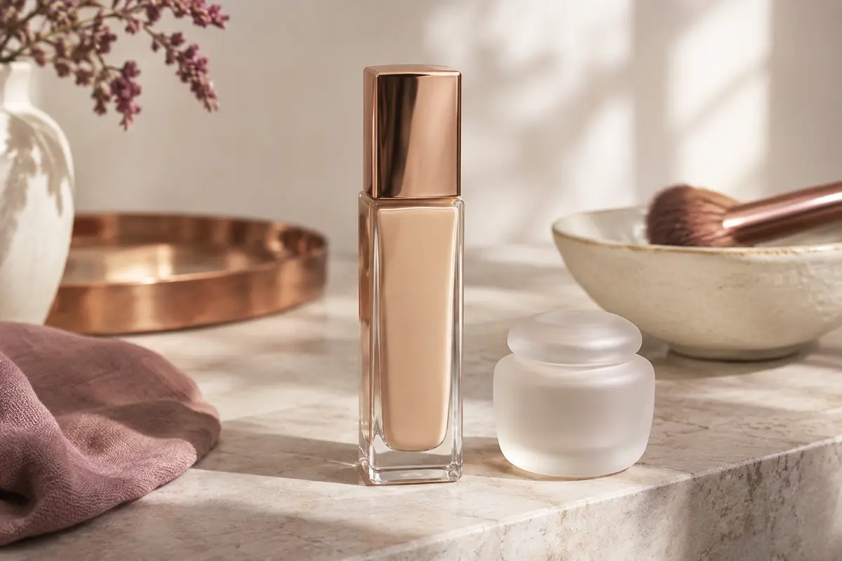 Flacon carré de fond de teint liquide beige posé sur une pierre claire près d’une coupelle ivoire.
