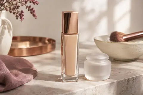 Flacon carré de fond de teint liquide beige posé sur une pierre claire près d’une coupelle ivoire.