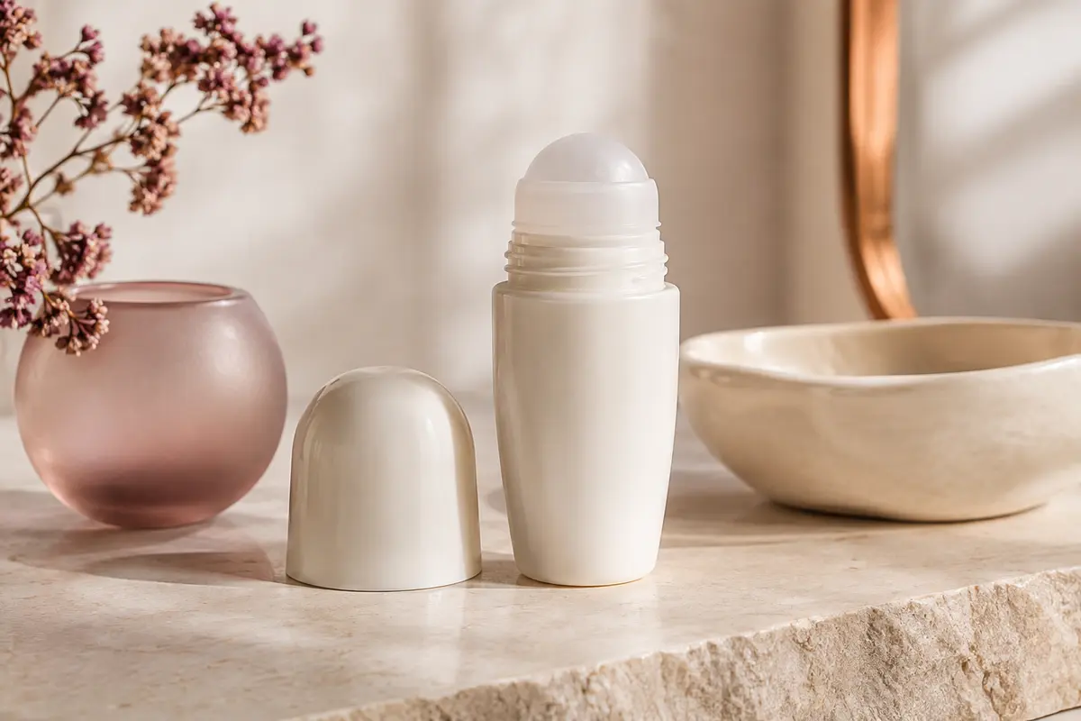 Flacon de déodorant naturel à bille de 75 ml posé sur une pierre claire dans un décor sobre
