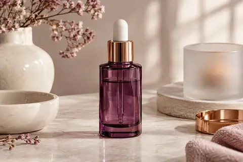 Flacon en verre violet de sérum hyaluronique posé sur une pierre claire avec un décor ivoire et dépoli
