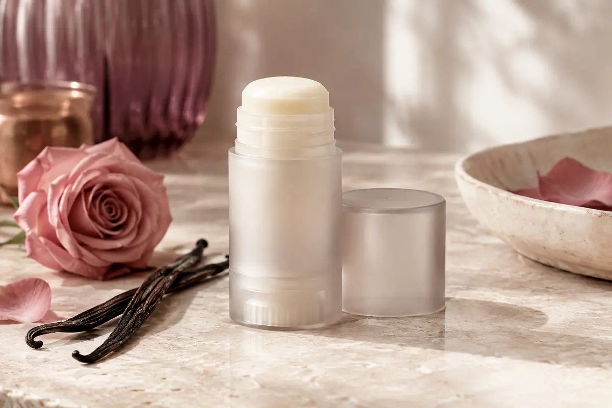 Déodorant stick solide rose et vanille posé sur une pierre claire avec une rose et une gousse de vanille
