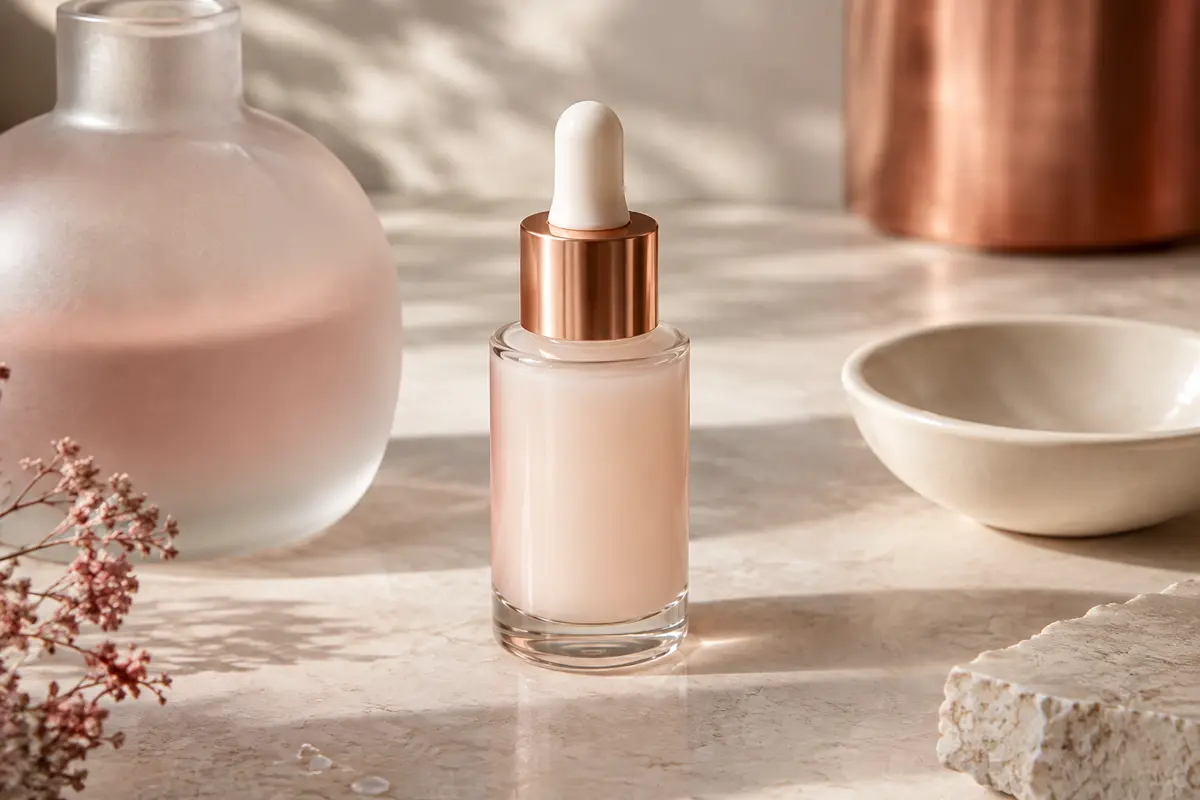 Flacon de sérum hydratant posé sur une pierre claire, près de verre dépoli et de céramique ivoire.