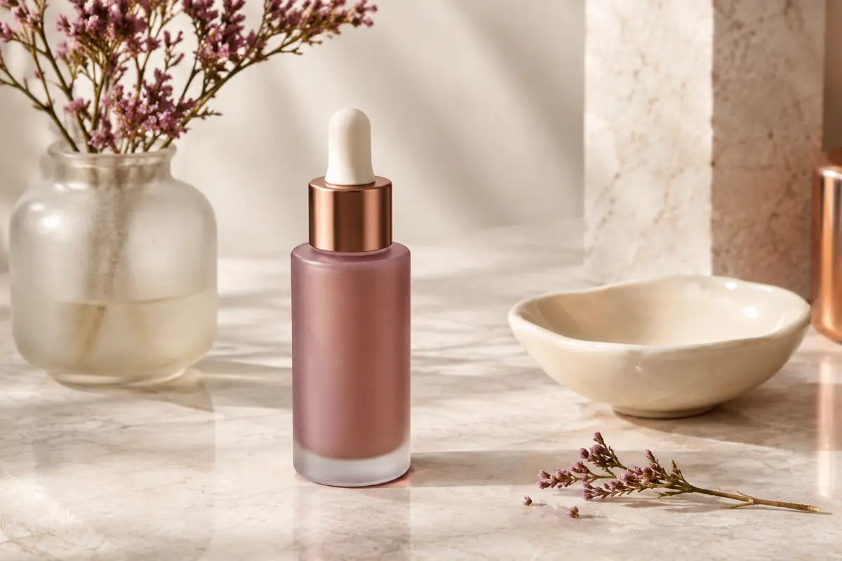 Sérum hydratant visage de 30 ml posé sur une pierre claire près d’un verre dépoli et d’une céramique ivoire